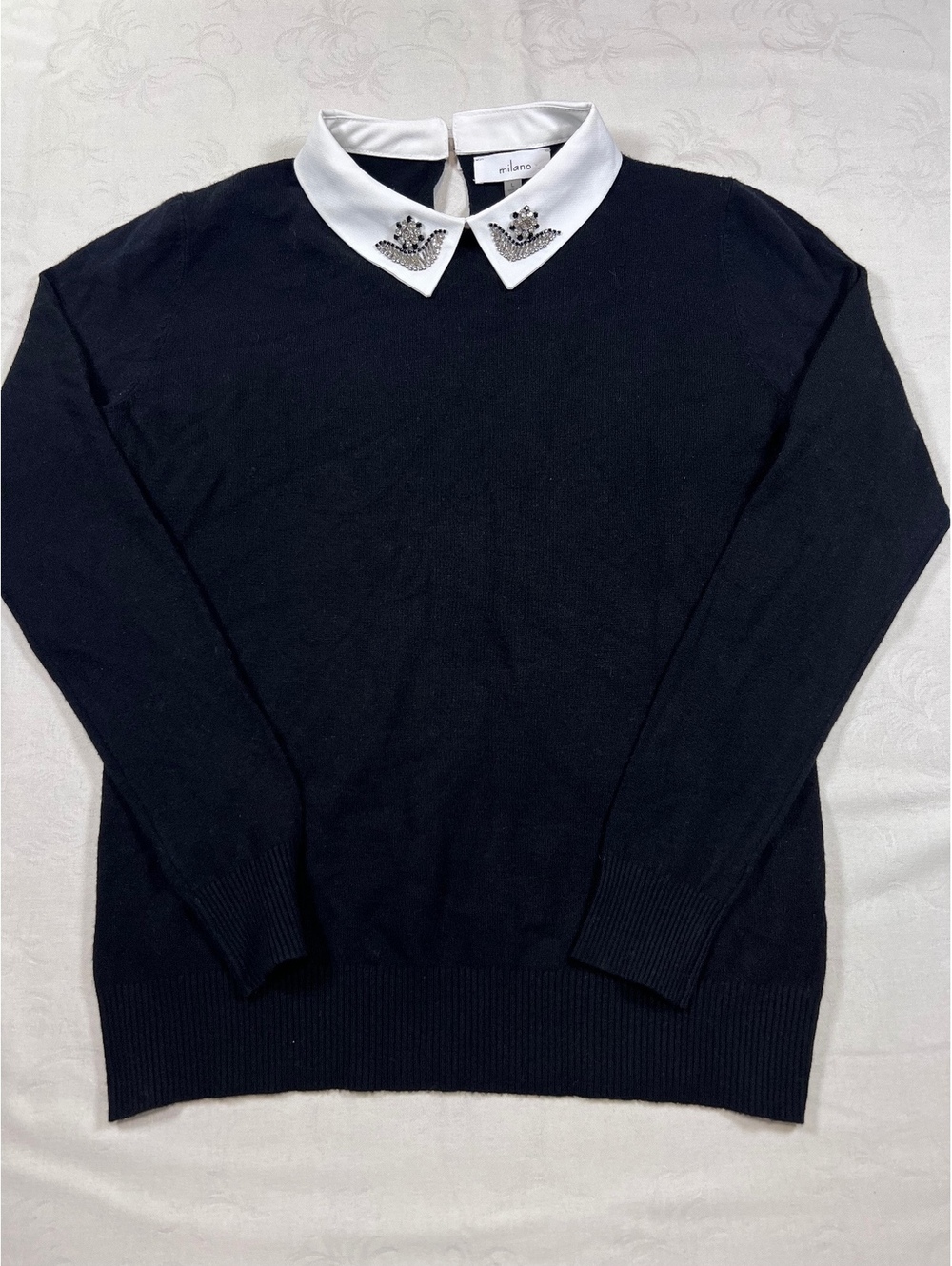 Milano Rhinestone Peter Pan Collard Black Knit Sweater Size Large